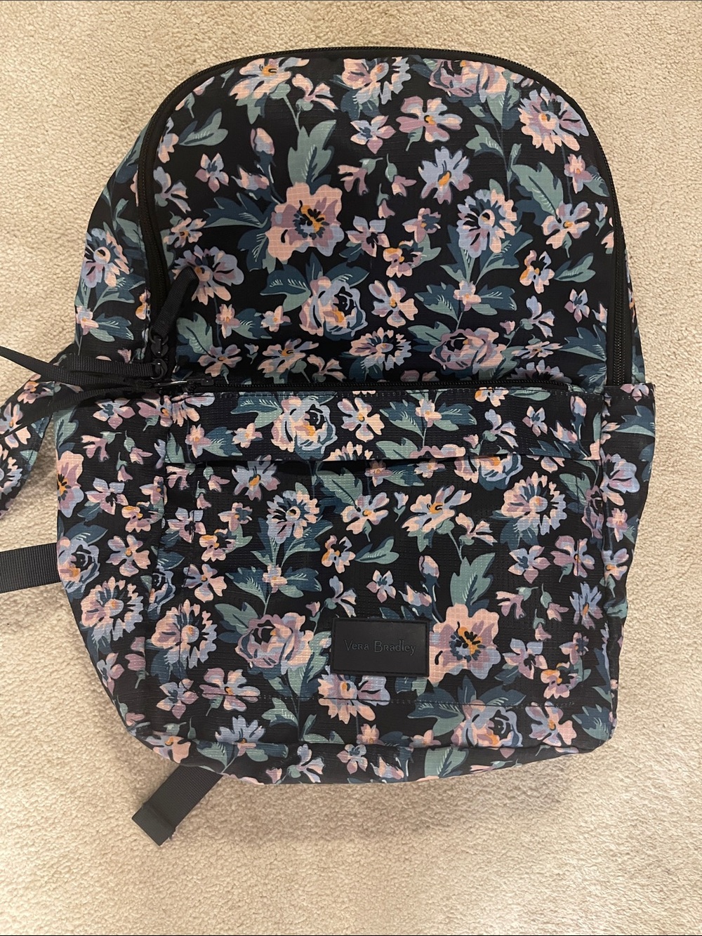 Vera Bradley Black Floral Print Backpack with Pink and Green Accents